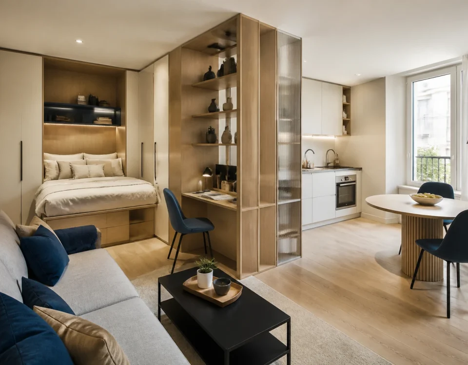 Studio optimisé avec couchage, cuisine, bureau, salon, table ronde et rangements intégrés