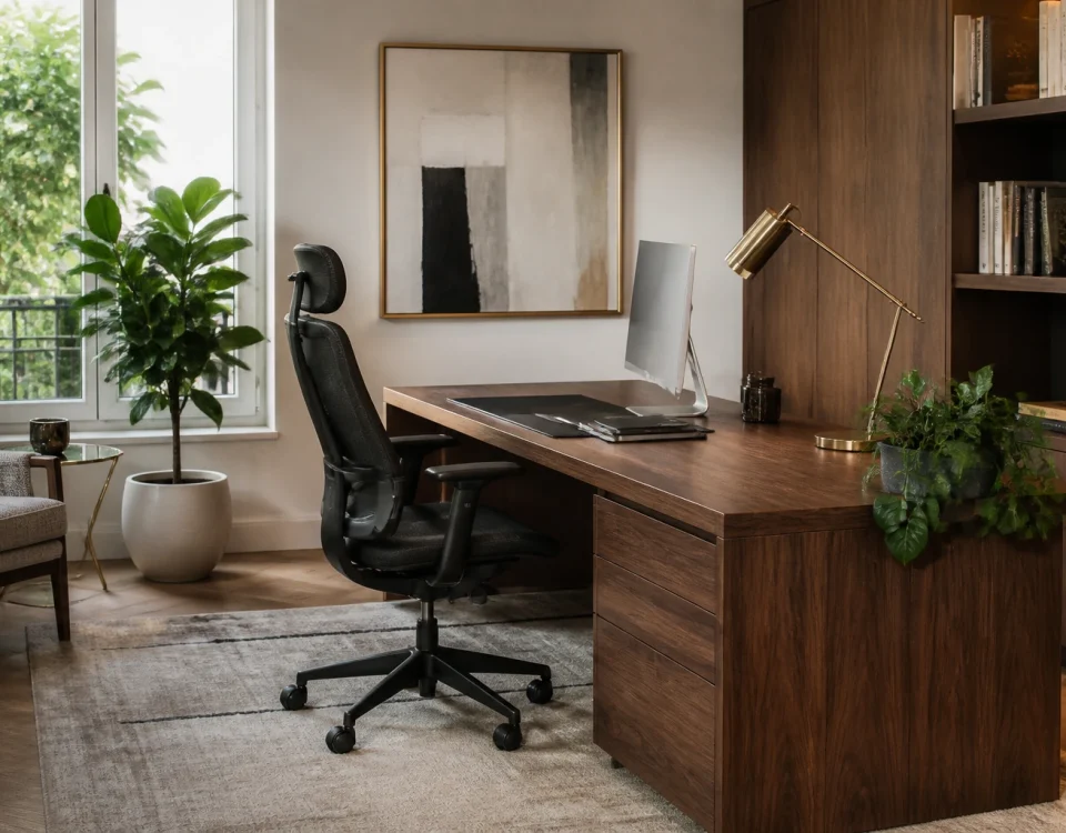 Bureau photoréaliste élégant avec poste ergonomique, rangements en bois et éclairage adapté