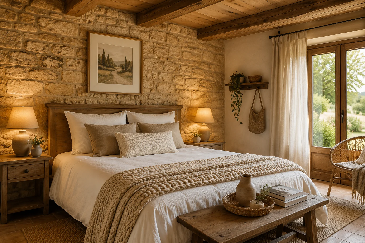 Aménagement chaleureux d’un gîte ou d’une chambre d’hôtes avec pierre, bois et literie confortable