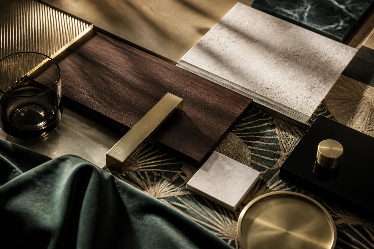 Nuancier de bois, laiton, velours, pierre et verre fumé pour une décoration Art déco contemporaine