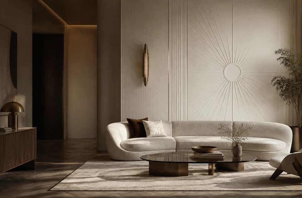Salon Art déco contemporain aux lignes courbes, bois foncé et détails en laiton
