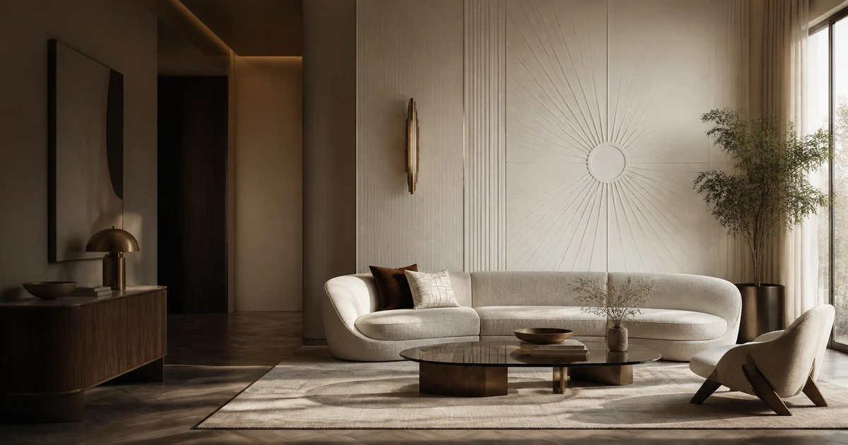 Salon Art déco contemporain aux lignes courbes, bois foncé et détails en laiton