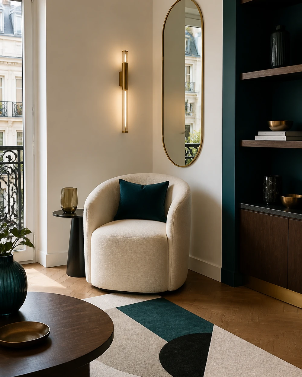 Petite pièce contemporaine Art déco avec miroir vertical, teintes chaudes et mobilier léger