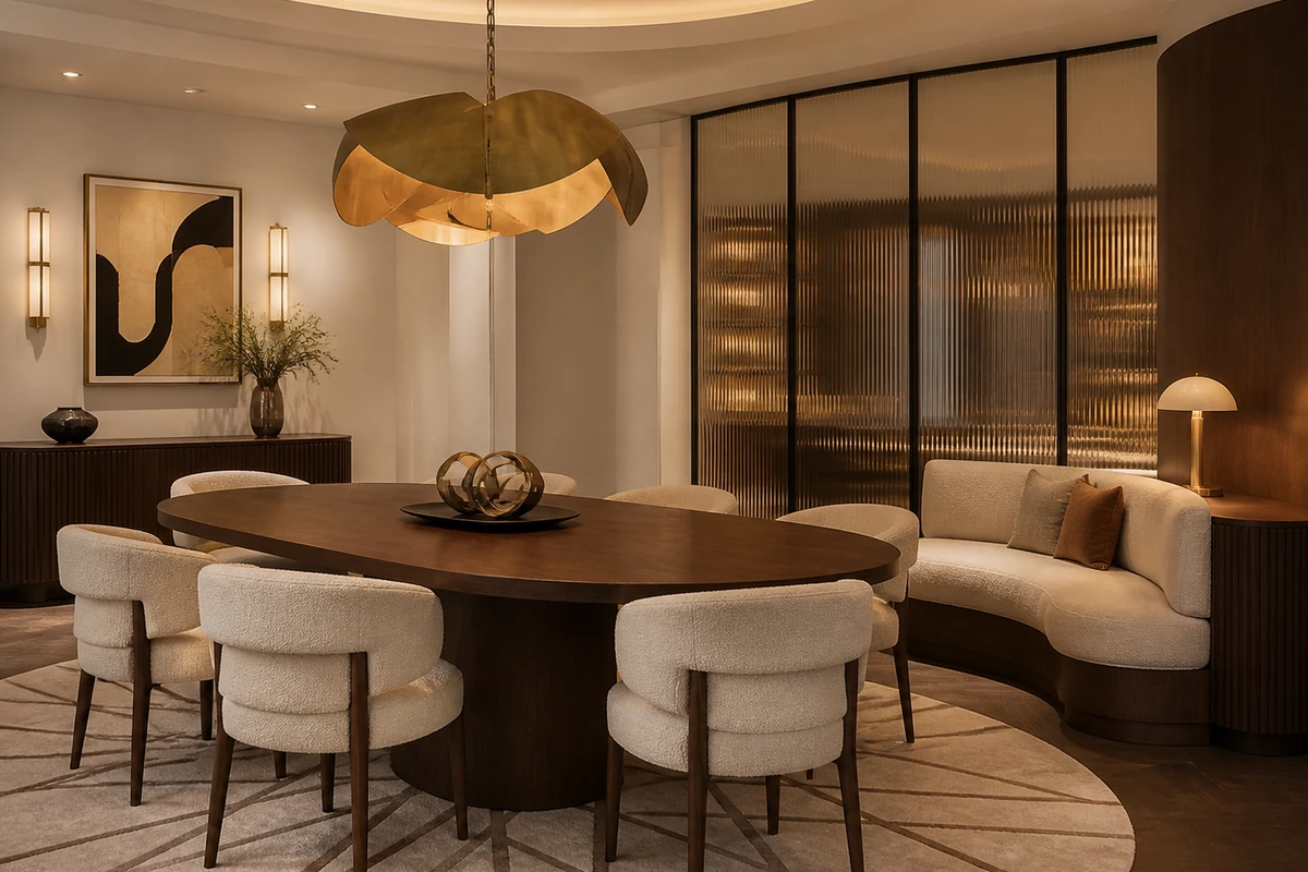 Salle à manger contemporaine avec table ronde, bois sombre et luminaire Art déco