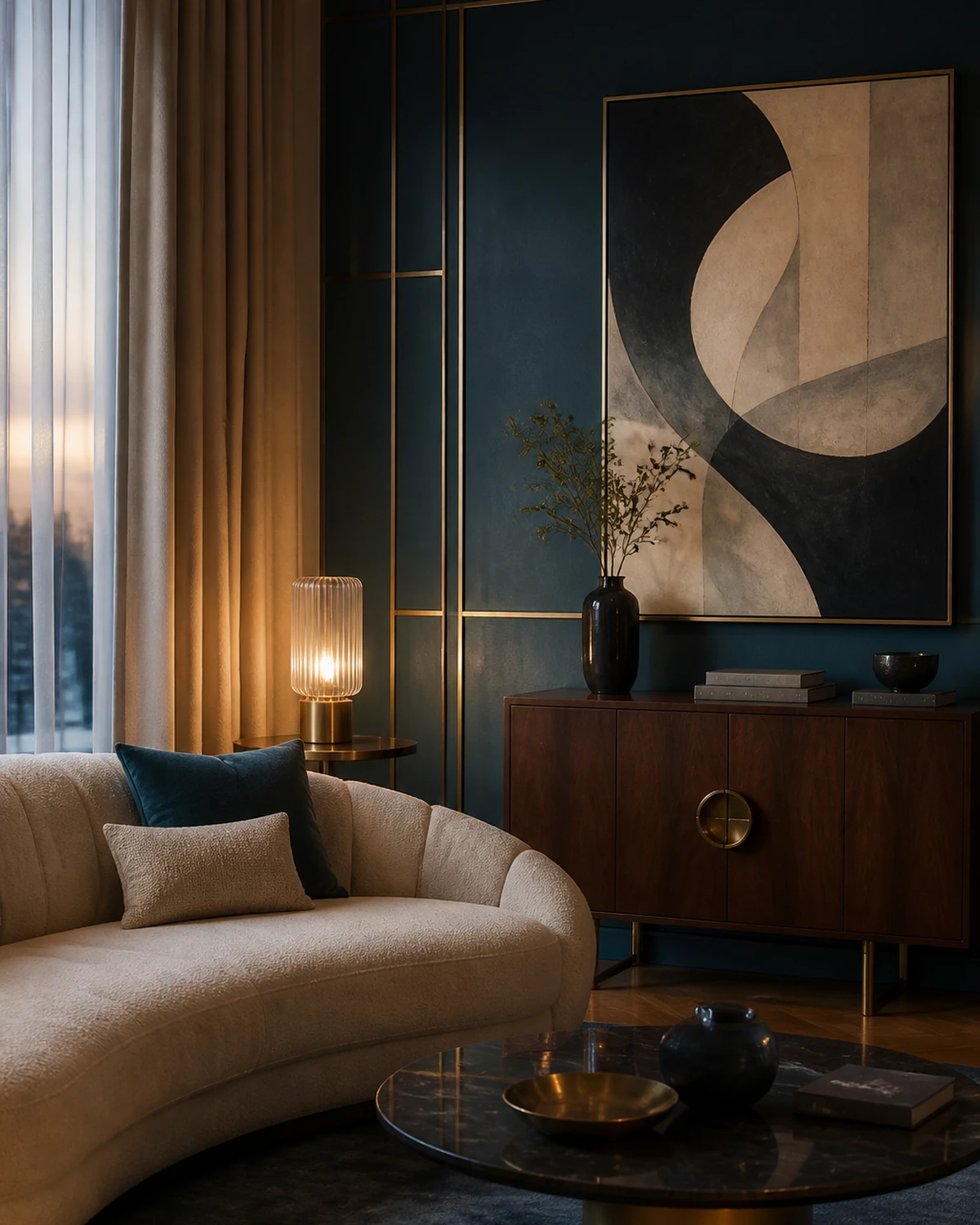 Salon moderne bleu profond et ivoire inspiré de l’Art déco