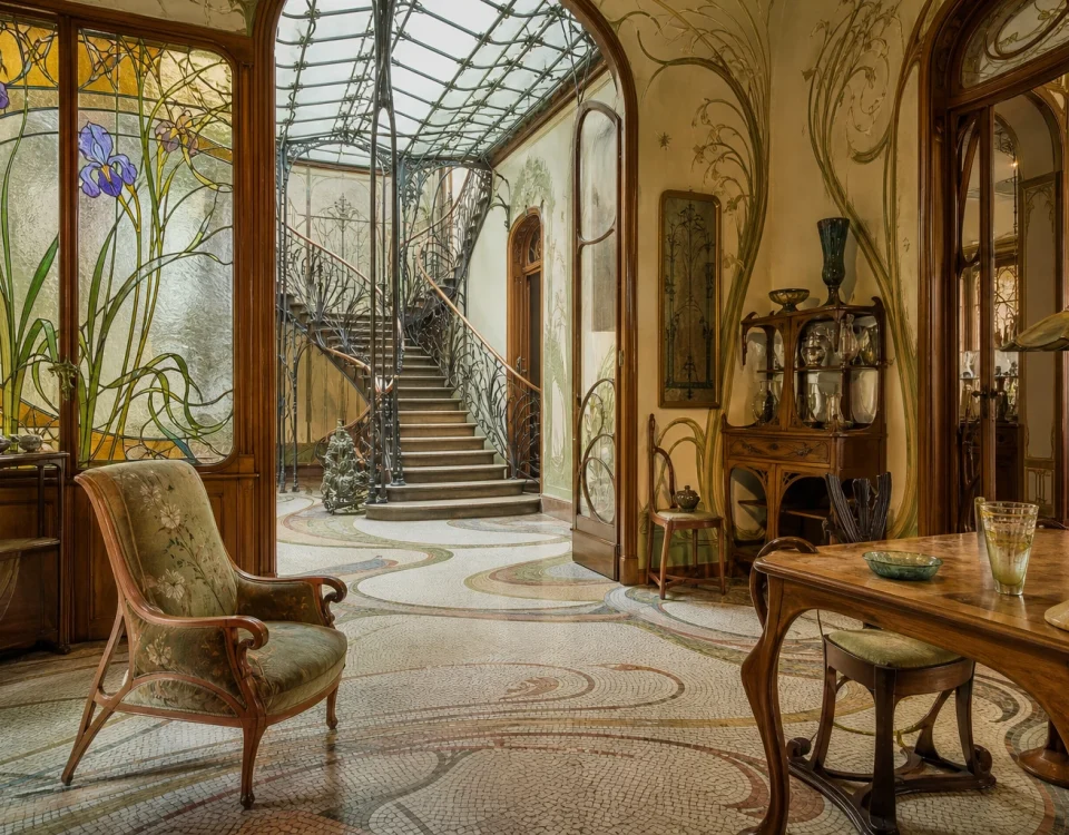 Texte alternatif : Intérieur Art nouveau vers 1900 avec verrière, ferronnerie et mobilier aux lignes végétales