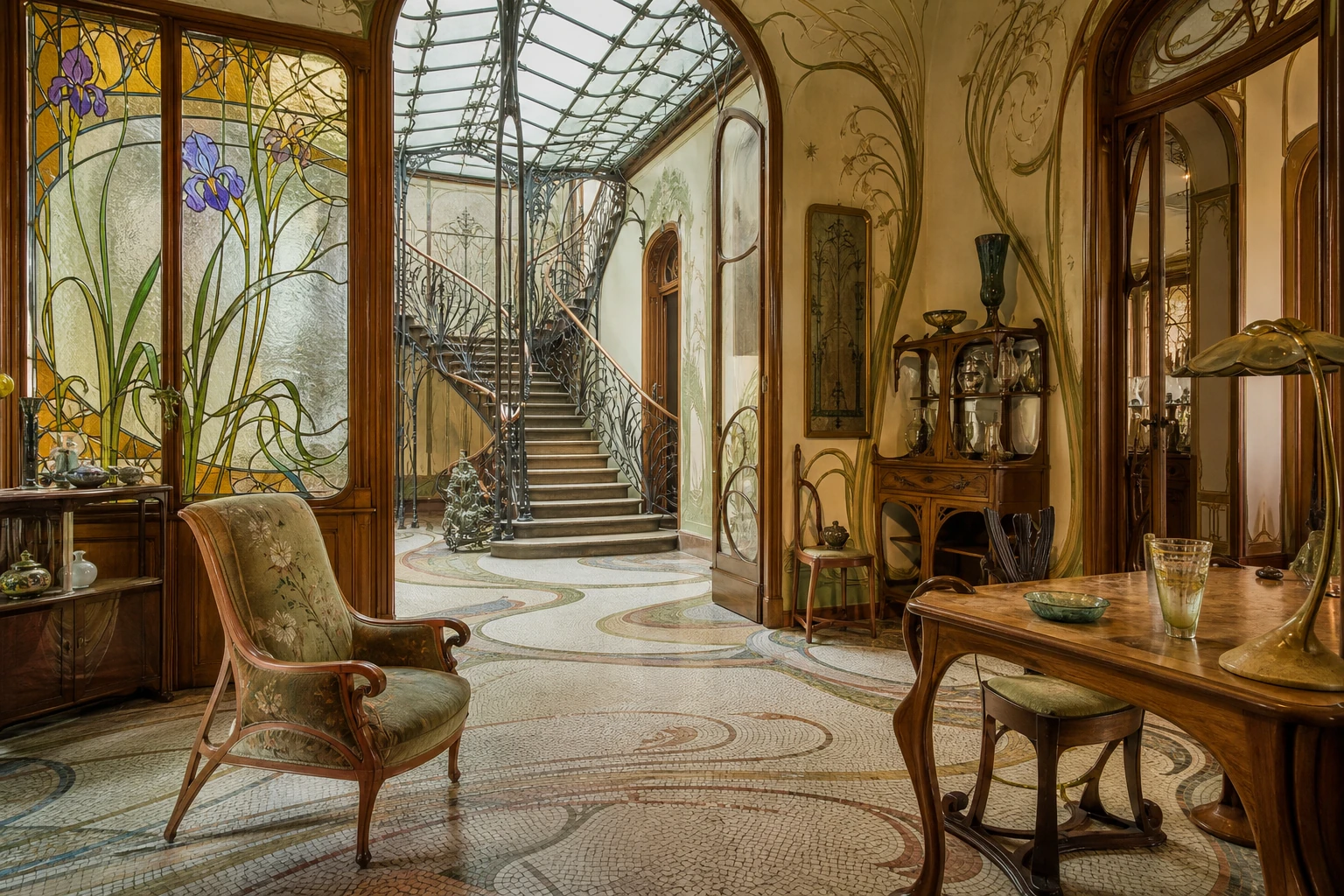 Intérieur Art nouveau vers 1900 avec verrière, ferronnerie et mobilier aux lignes végétales