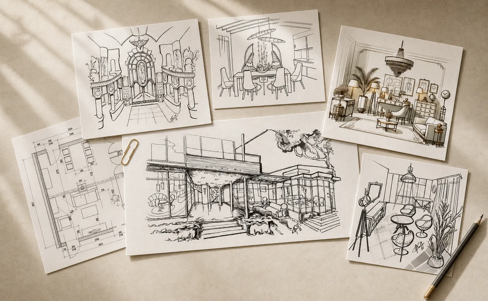 Assemblage de plusieurs esquisses et plans de projets d’intérieur présentés comme des photographies posées sur une table