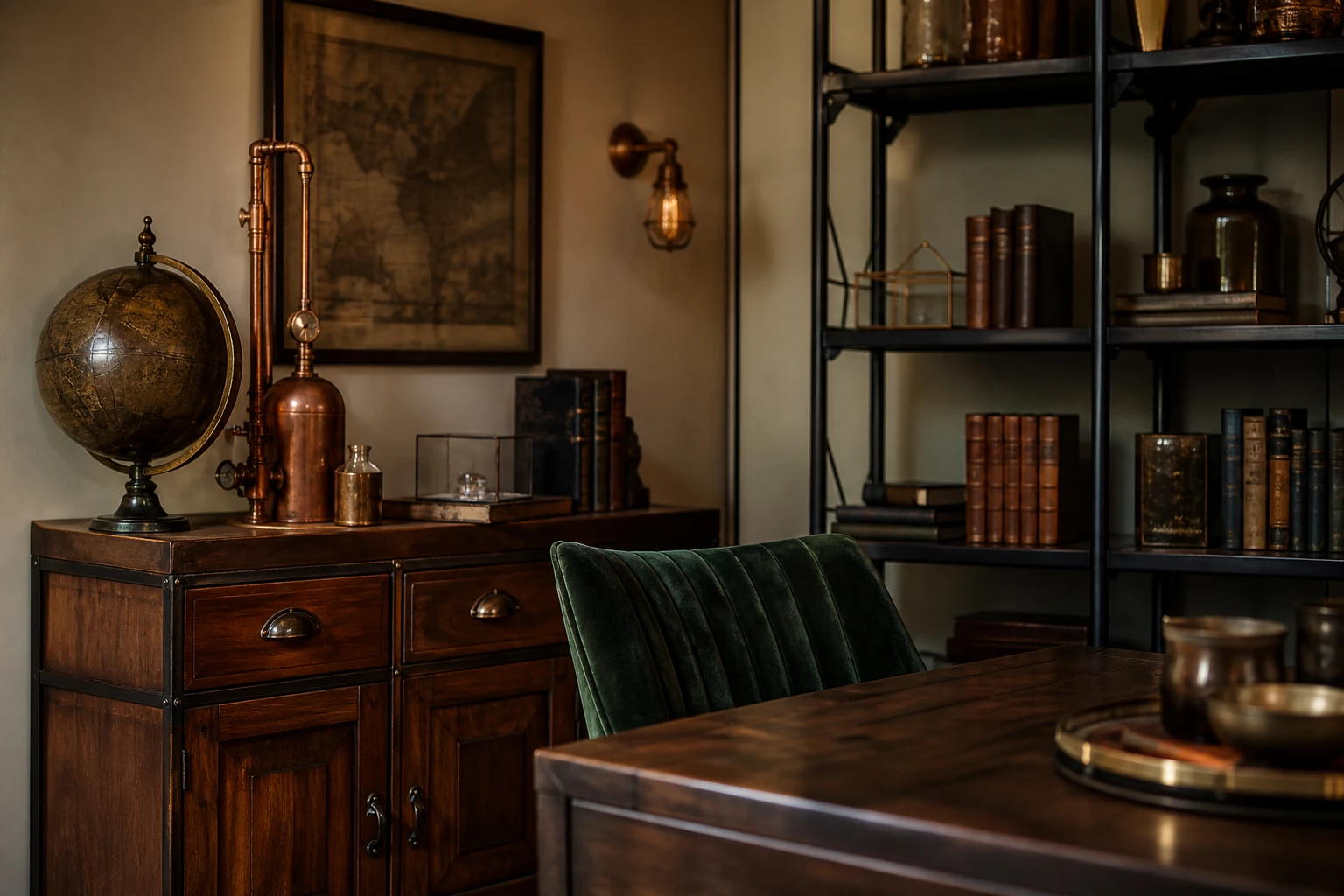 Coin bibliothèque steampunk avec meuble en noyer, globe ancien, cuivre, laiton et fauteuil en velours vert