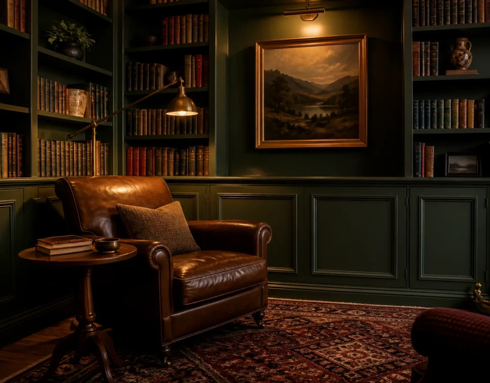 Bibliothèque de style club anglais avec boiseries vert foncé, fauteuil en cuir et lampe en laiton