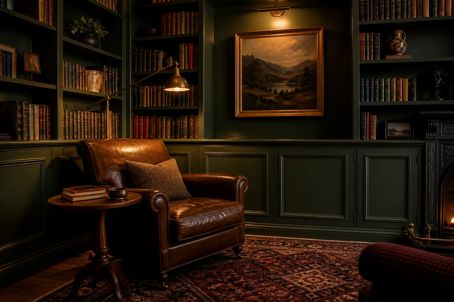 Bibliothèque de style club anglais avec boiseries vert foncé, fauteuil en cuir et lampe en laiton