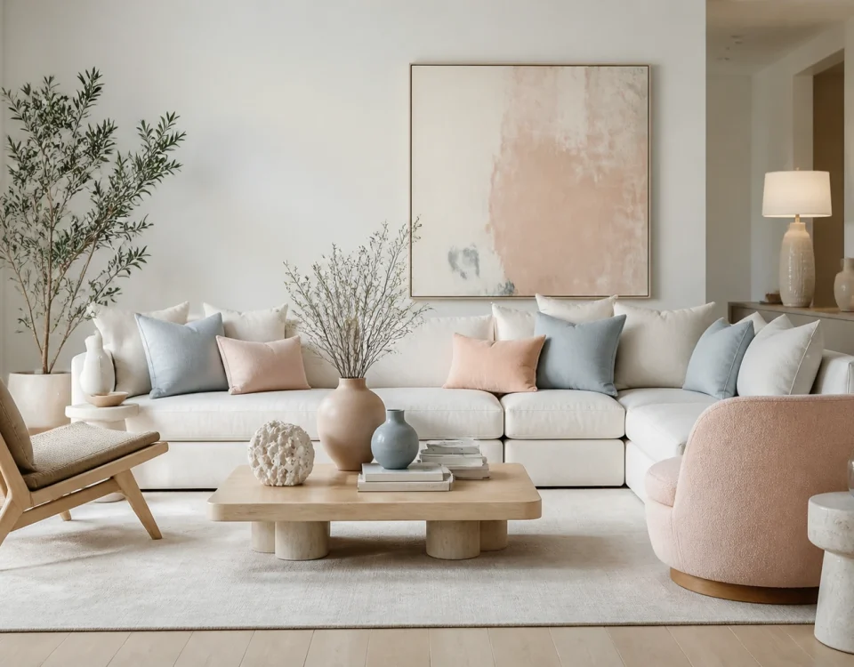 Salon contemporain dans une palette de corail blanchi, bleu grisé, blanc cassé et bois clair