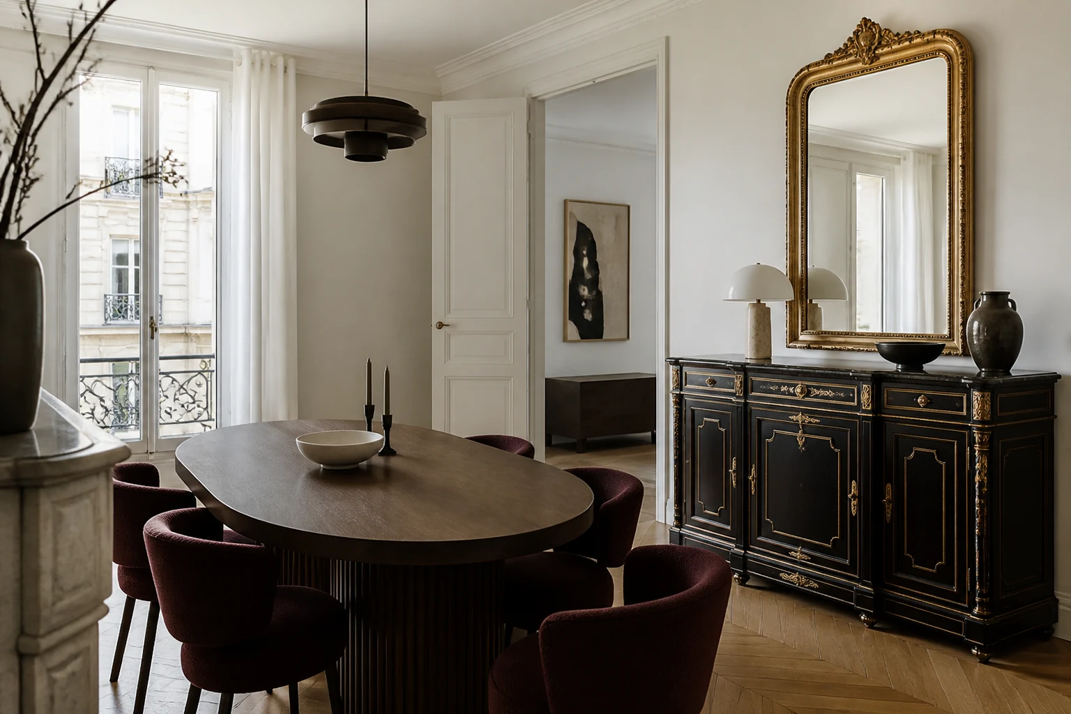 Buffet Napoléon III en bois noirci intégré dans une salle à manger contemporaine lumineuse