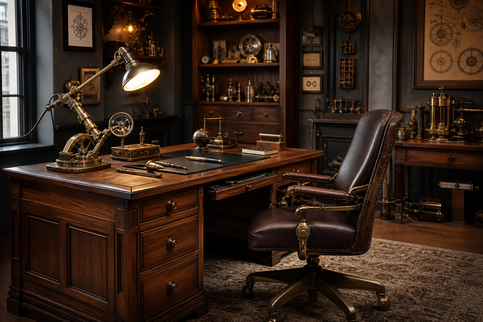 Bureau steampunk en noyer avec fauteuil en cuir, lampe articulée et instruments scientifiques en laiton