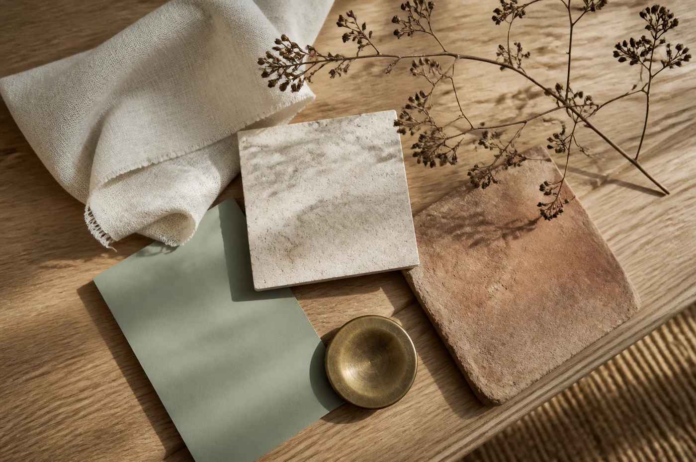 Échantillons de bois, pierre, textile et terre cuite pour une décoration campagne contemporaine