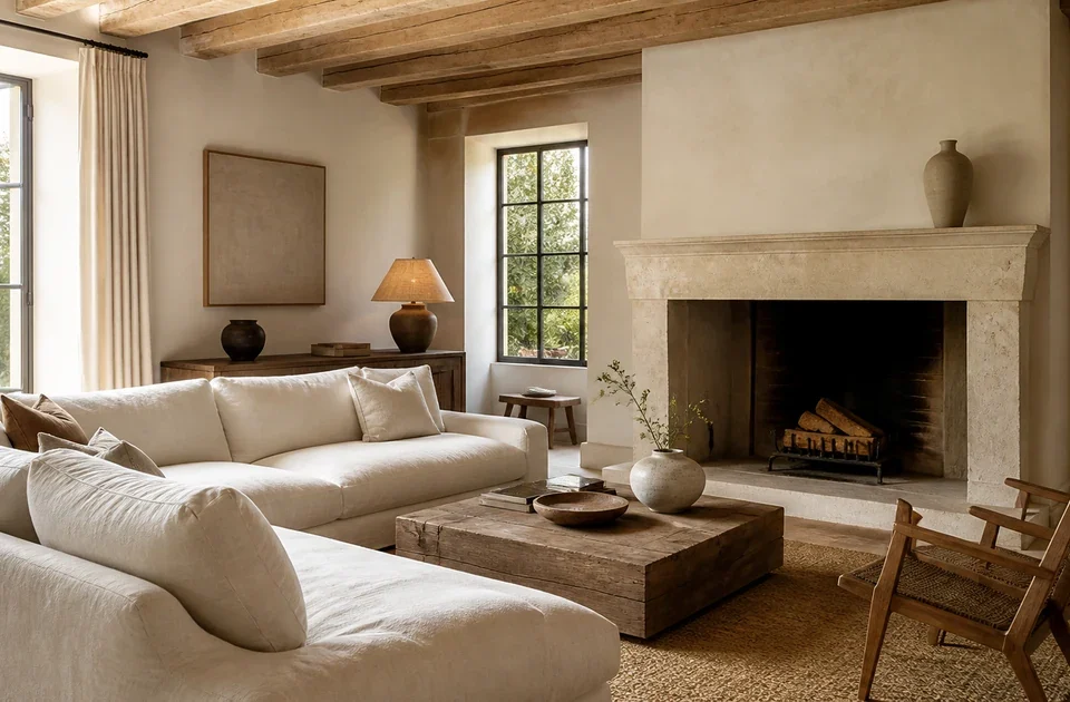 Salon campagne contemporaine avec canapé en lin, bois clair et cheminée minérale