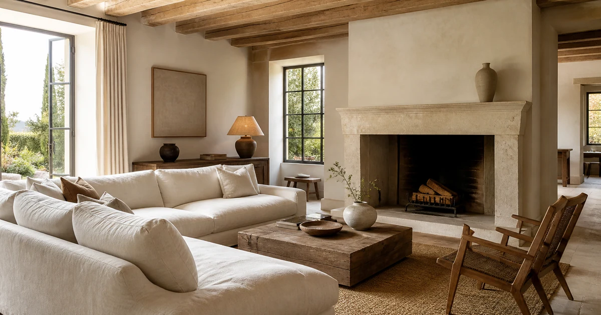 Salon campagne contemporaine avec canapé en lin, bois clair et cheminée minérale