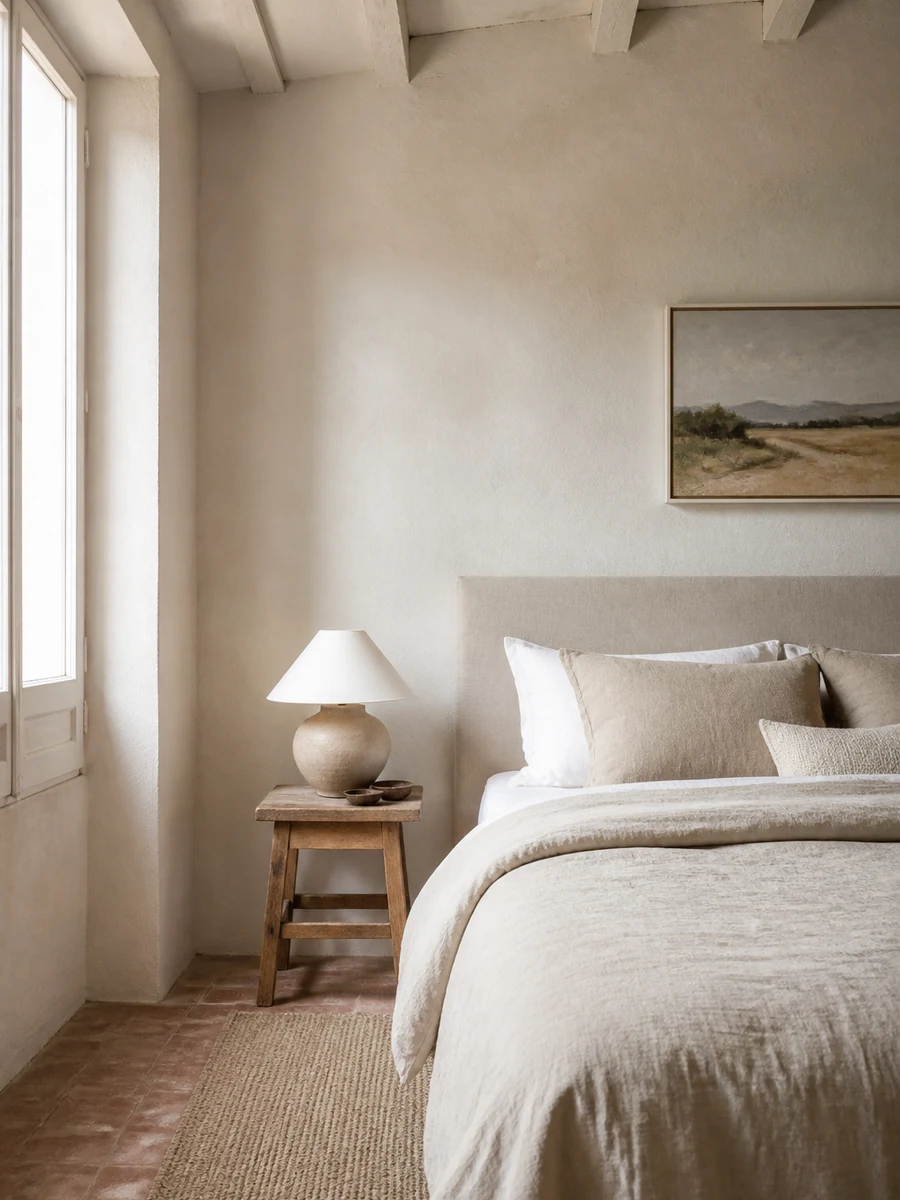 Petite chambre apaisante mêlant murs chaux, linge naturel et bois clair