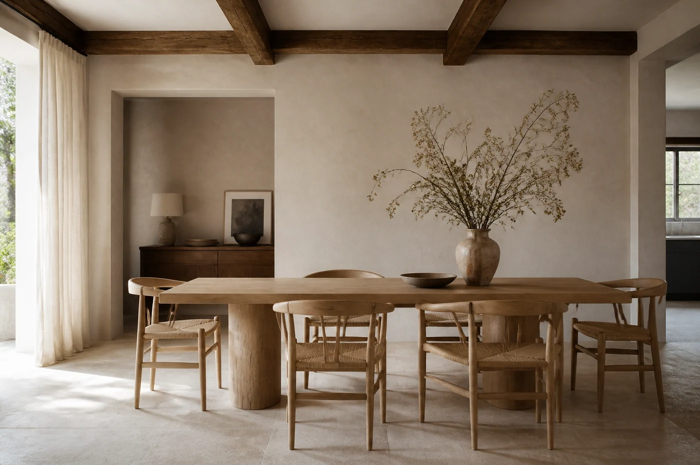 Salle à manger campagne contemporaine avec table en chêne et lumière douce