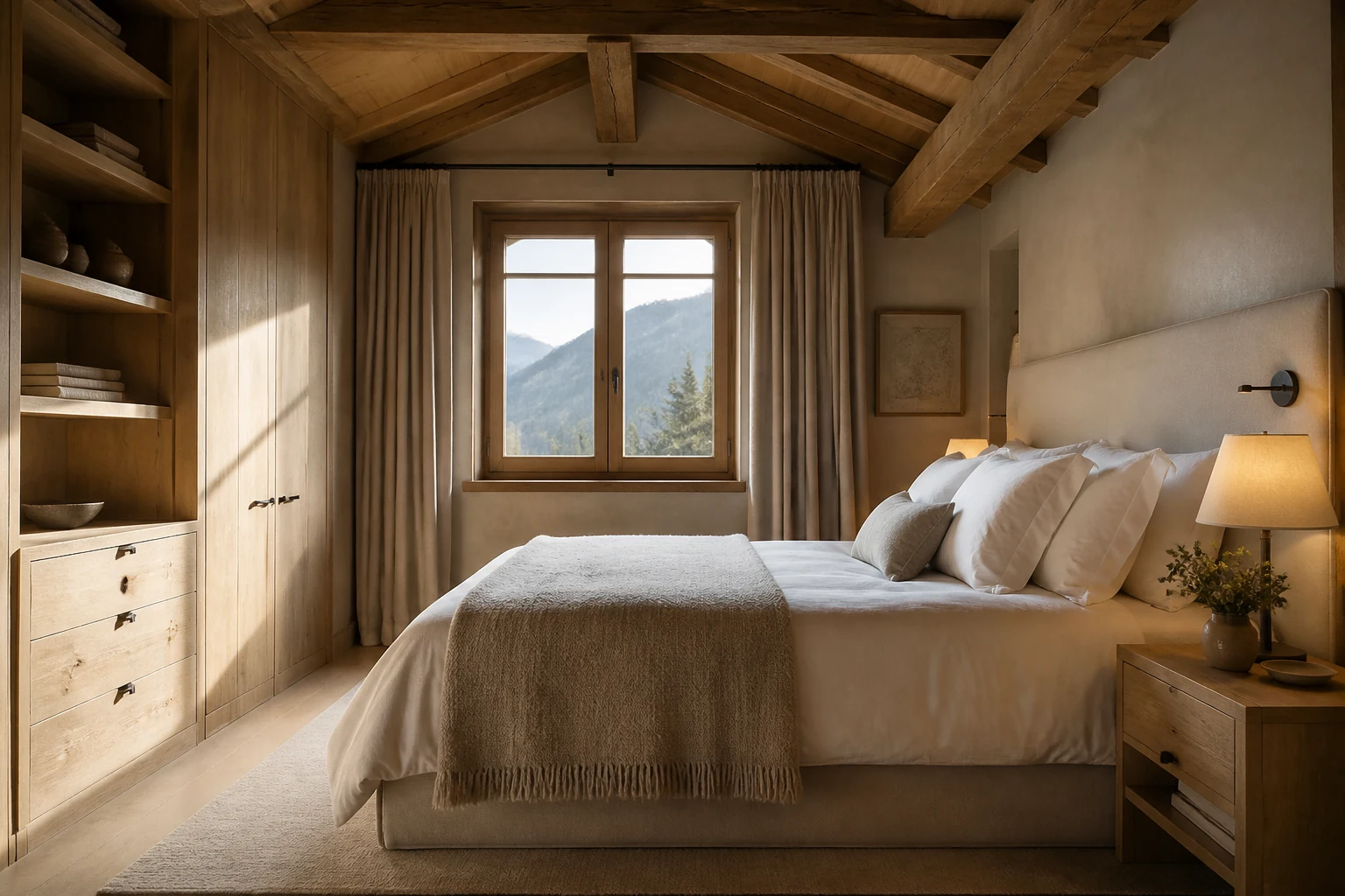 Chambre de chalet élégante en bois clair avec linge de lit en lin et couverture en laine