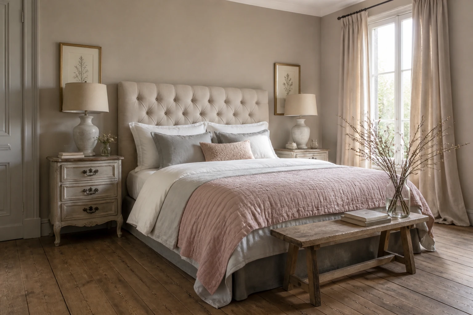 Chambre Chic et Charme avec lit en lin, chevets patinés et boutis rose poudré