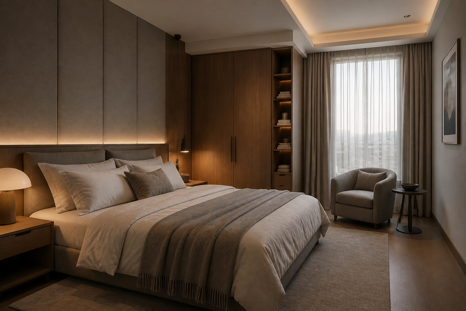 Chambre contemporaine chaleureuse avec rangements en bois et éclairage indirect