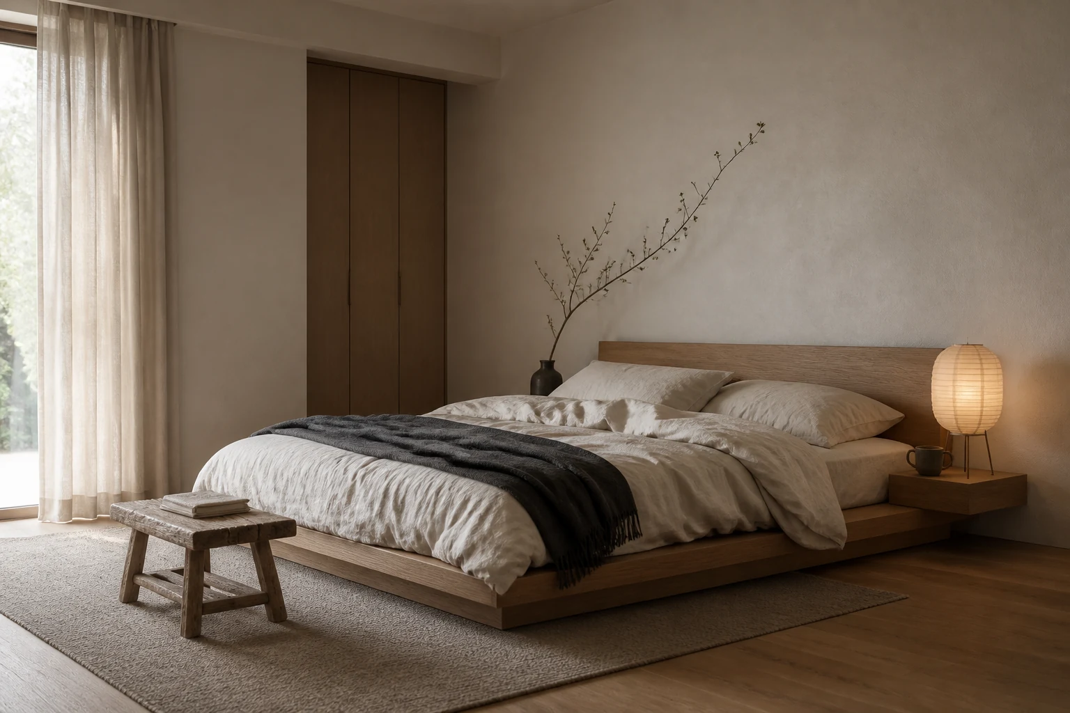 Chambre Japandi minimaliste et chaleureuse avec lit bas en bois et linge naturel