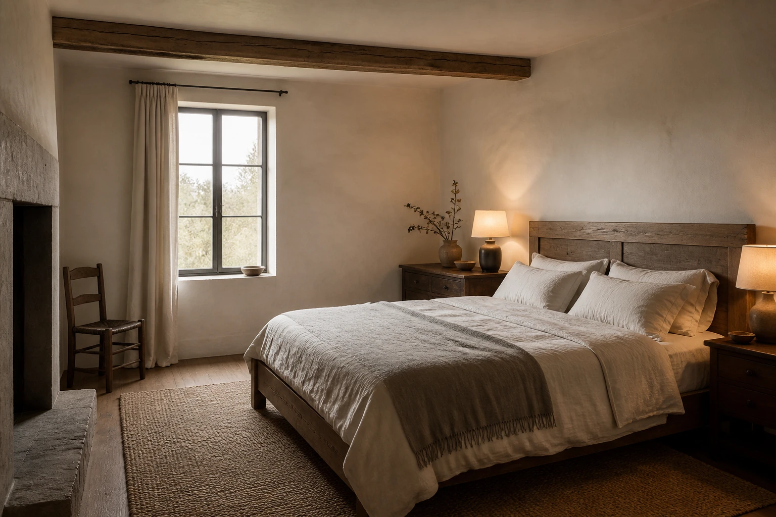Chambre rustique apaisante avec lit en bois ancien, linge en lin et poutre apparente