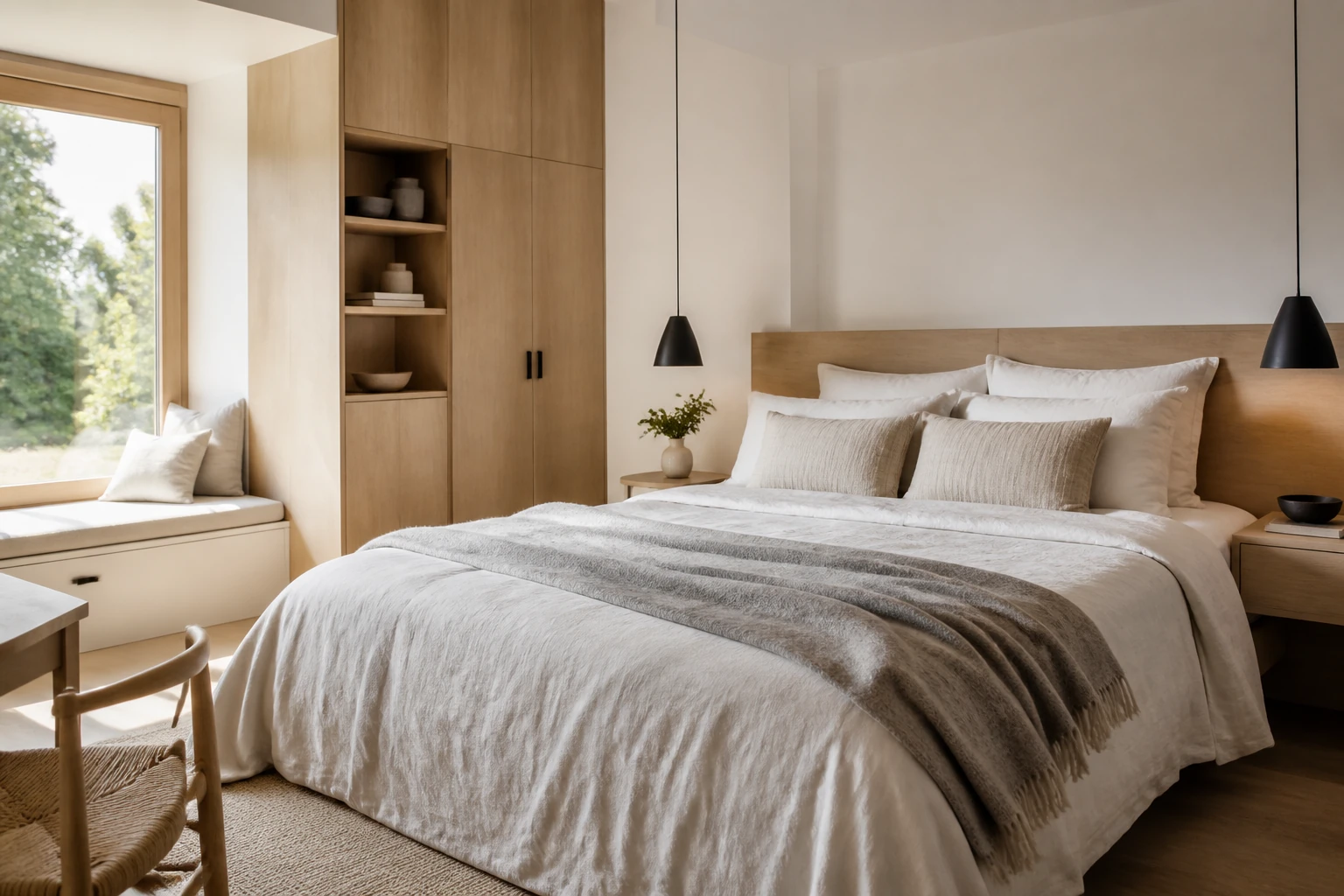 Chambre scandinave lumineuse avec rangements en bois clair, linge de lit en lin et éclairage noir