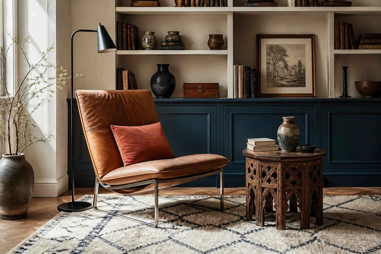 Coin lecture éclectique associant fauteuil moderniste, guéridon ancien, tapis berbère et céramiques