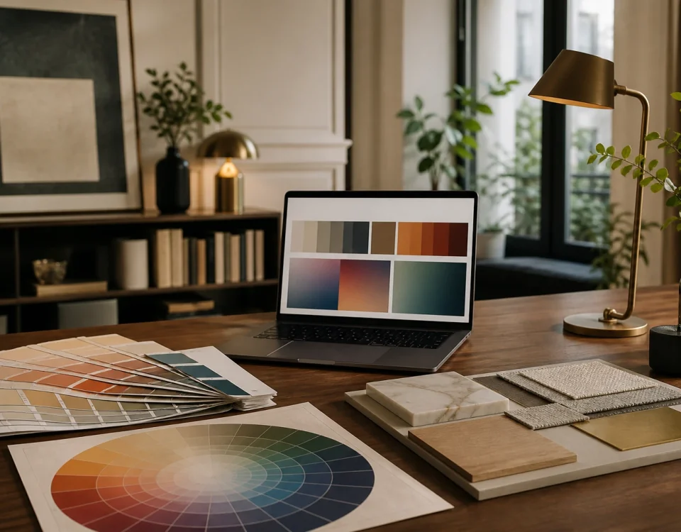Nuanciers de couleurs et de matières avec ordinateur affichant une palette numérique dans un studio de décoration