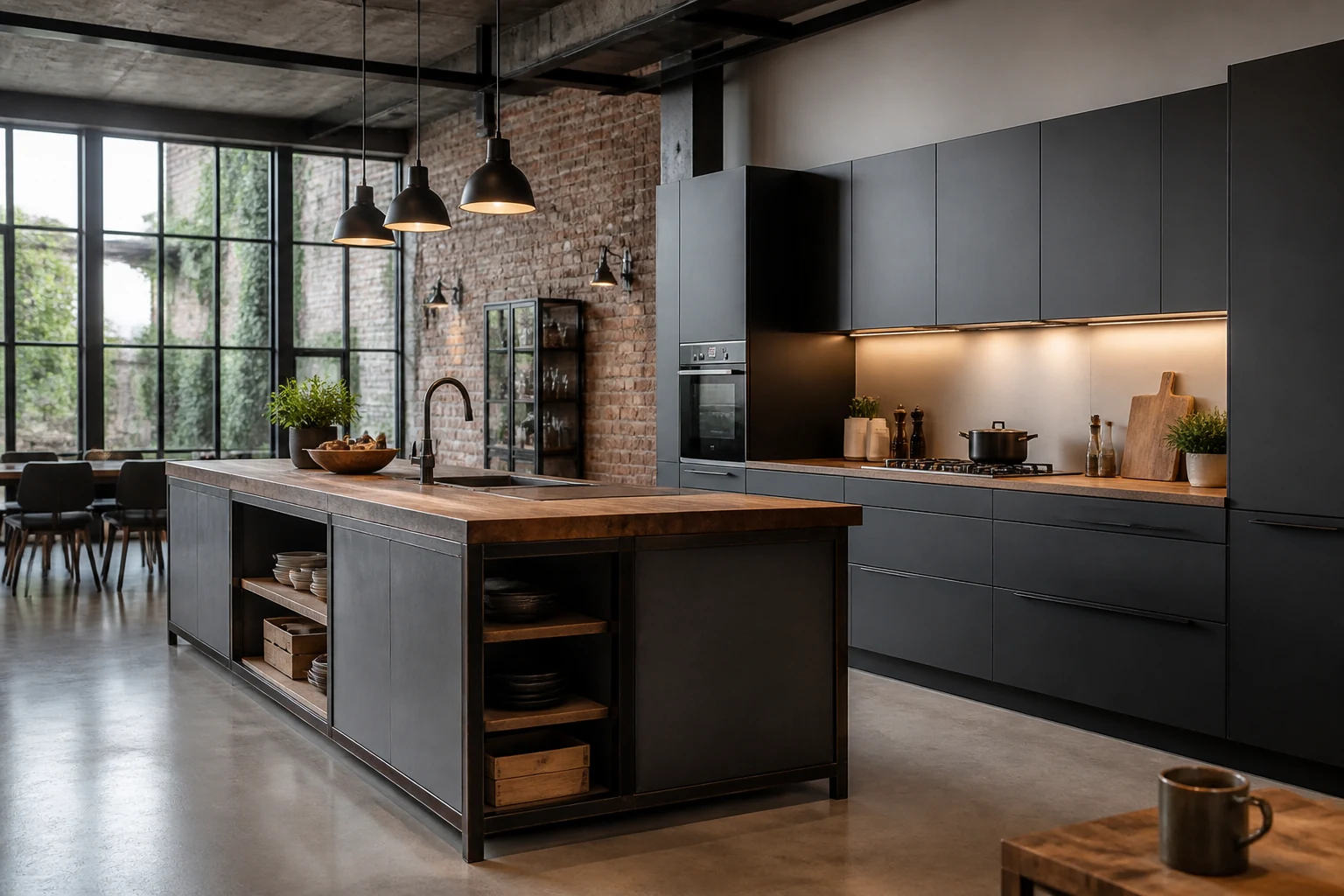 Cuisine ouverte de style loft avec îlot en bois, façades anthracite et verrières métalliques