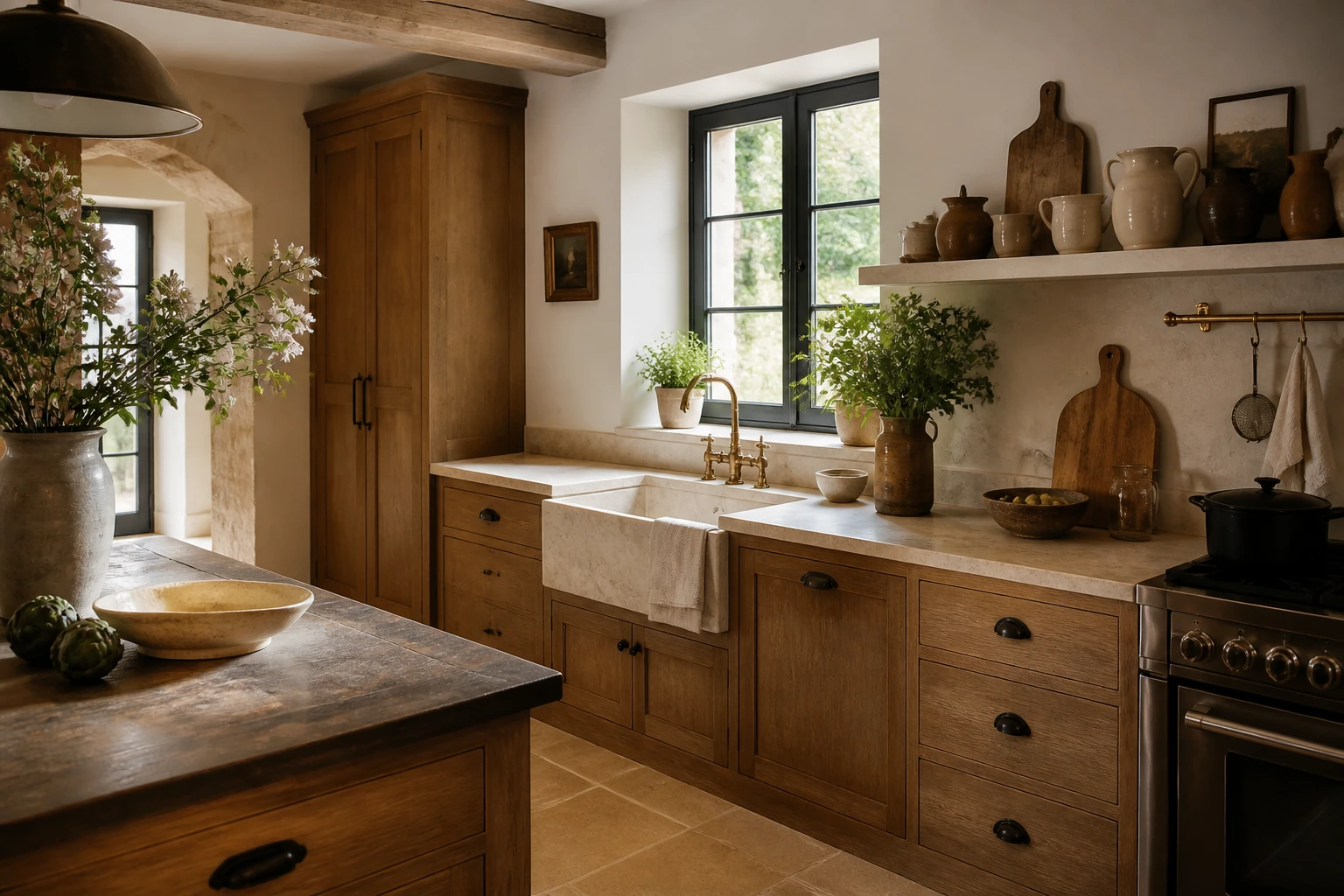 Cuisine rustique en bois et pierre avec évier timbre d’office, céramiques et appareils contemporains