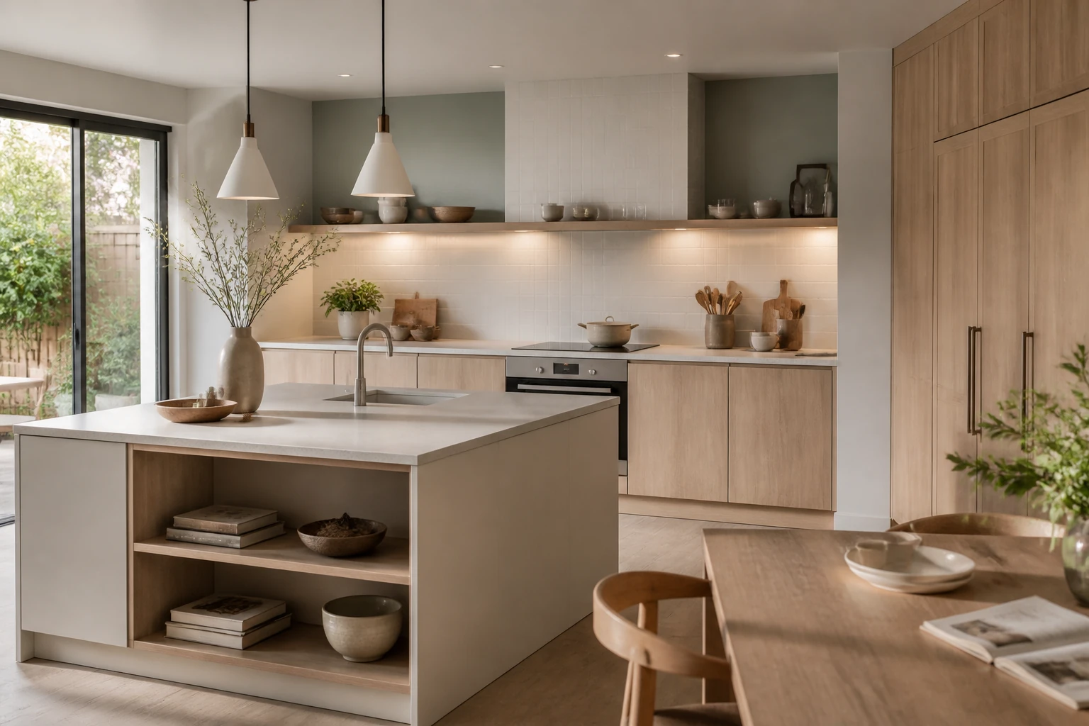 Cuisine scandinave fonctionnelle avec façades en bois clair, îlot central et mur vert grisé