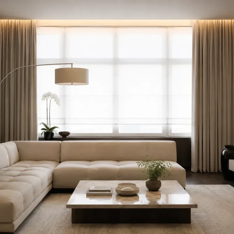 Salon contemporain beige illustrant un projet d’aménagement intérieur en ligne avec visualisation 3D