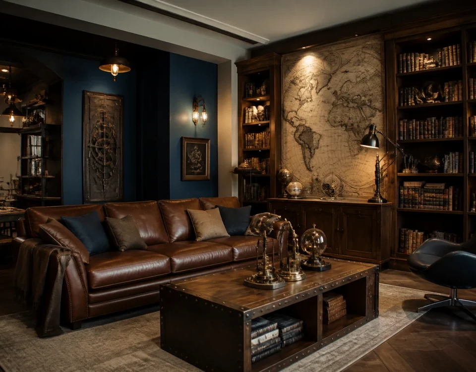 Salon steampunk élégant avec bibliothèque en noyer, canapé en cuir, carte ancienne et détails en laiton