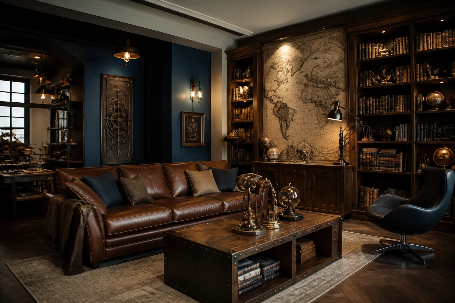 Salon steampunk élégant avec bibliothèque en noyer, canapé en cuir, carte ancienne et détails en laiton