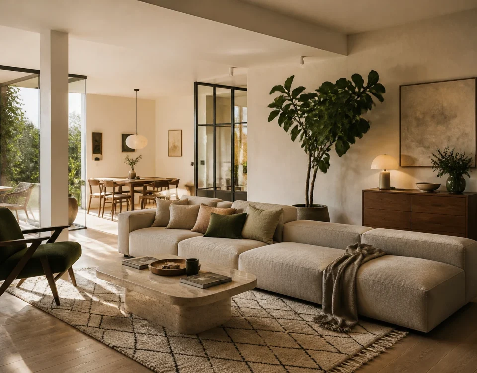Texte alternatif : Salon moderne et chaleureux associant bois, matières naturelles, lumière douce et mobilier contemporain