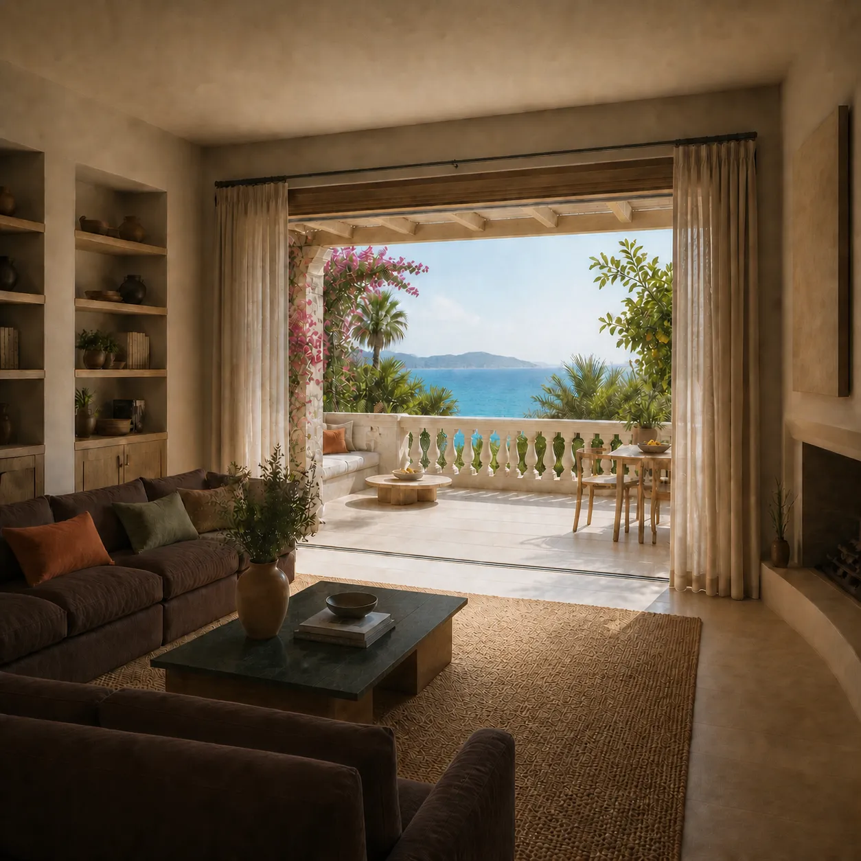 Salon lumineux ouvert sur un balcon classique blanc face à la mer et aux arbres exotiques