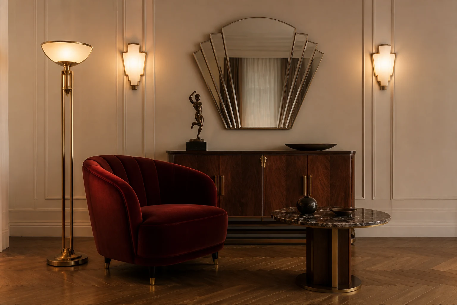 Coin salon Art déco avec fauteuil bordeaux, miroir en éventail, luminaires en verre opalin et buffet en noyer