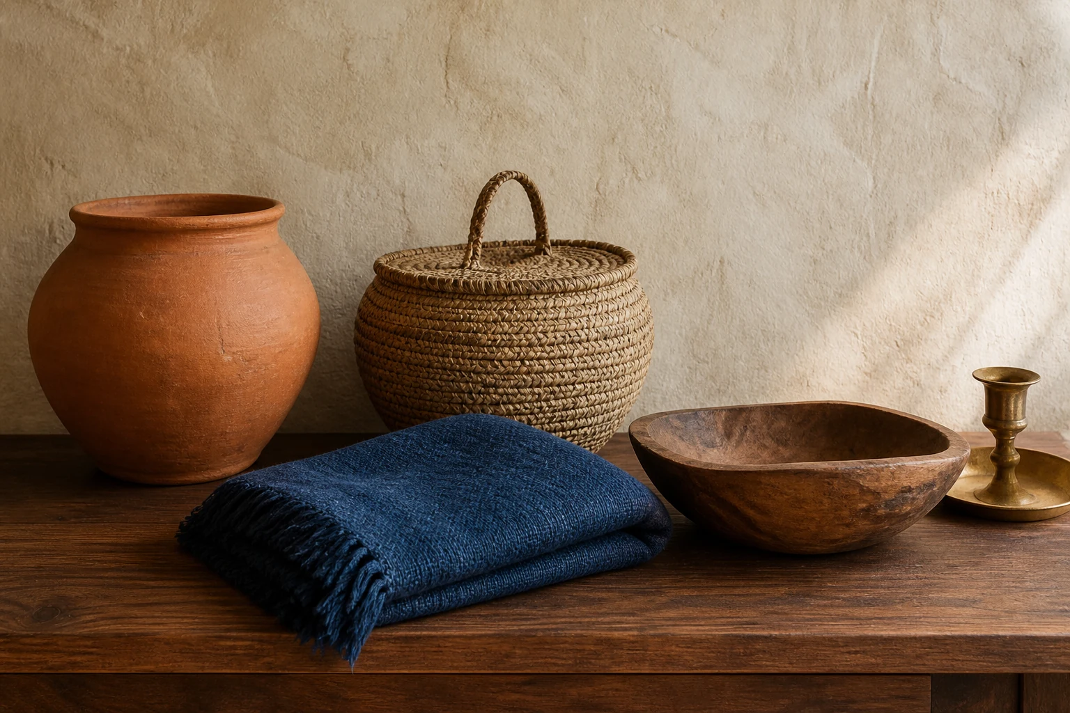 Poterie, vannerie, textile indigo et objet en bois pour une décoration ethnique