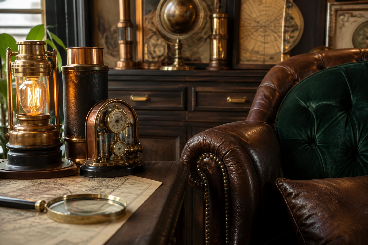 Palette steampunk avec cuir brun, velours vert, noyer, laiton, cuivre et cartes anciennes