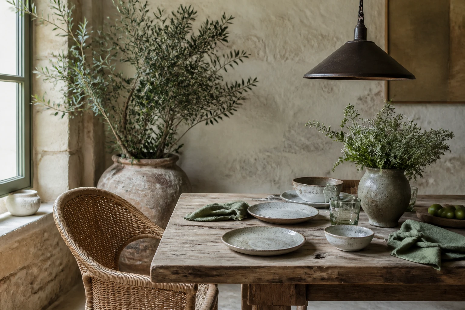 Table rustique en bois ancien avec vaisselle en céramique, fauteuil en rotin et mur à la chaux