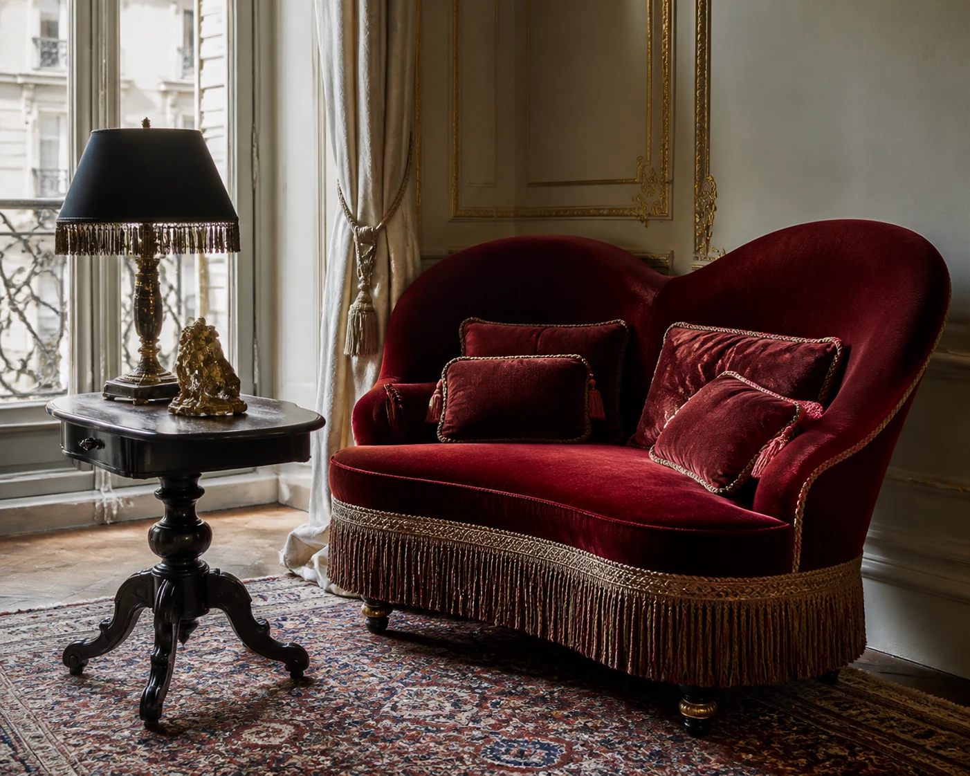 Méridienne baroque en velours rouge dans un intérieur parisien aux moulures dorées
