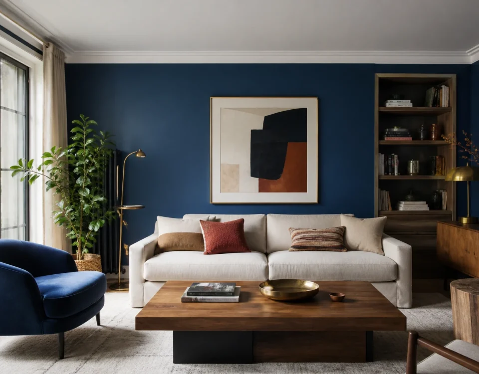Salon élégant avec mur bleu profond, fauteuil bleu, canapé crème et touches de terracotta