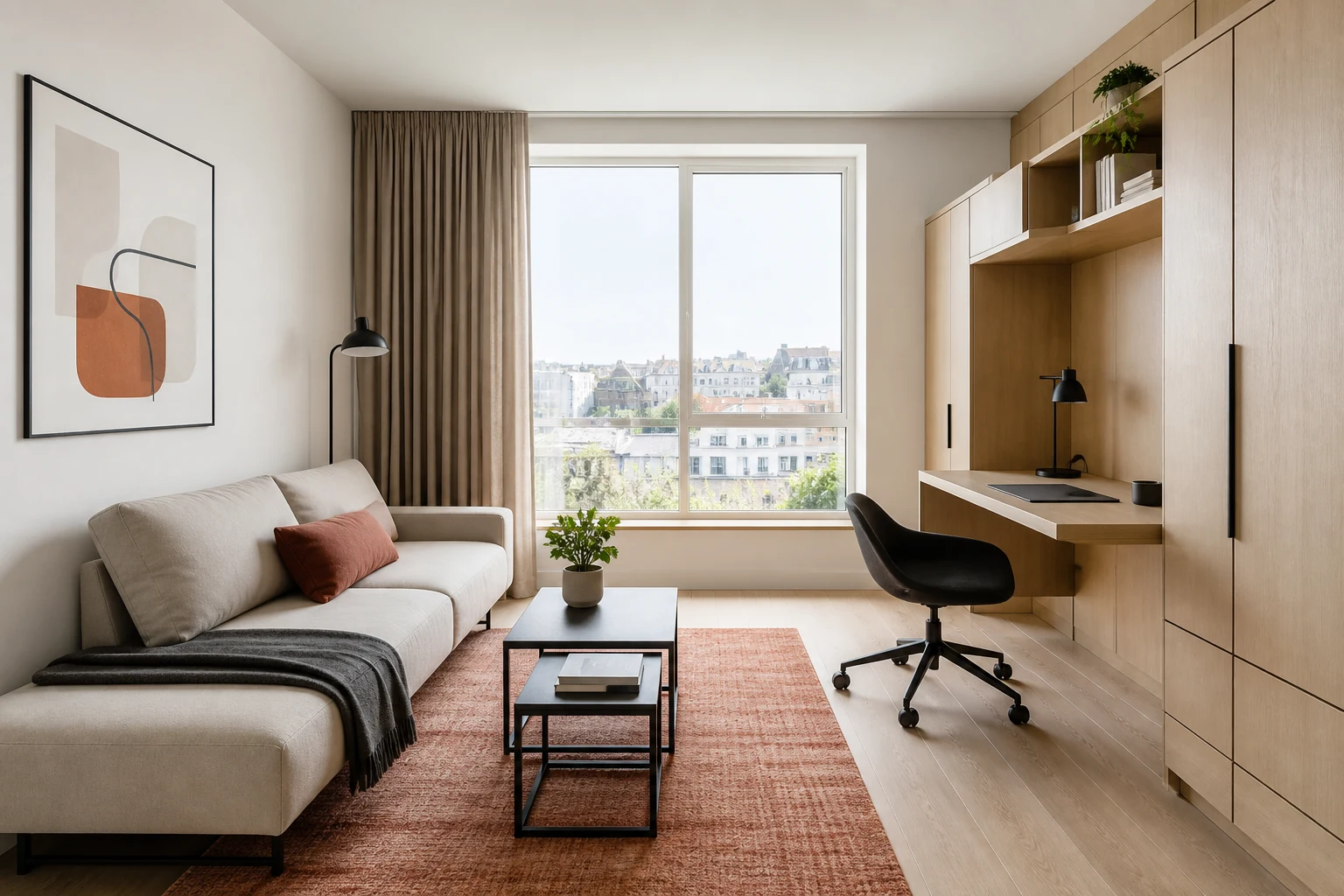 Petit appartement contemporain avec salon, bureau mural et rangements multifonctions