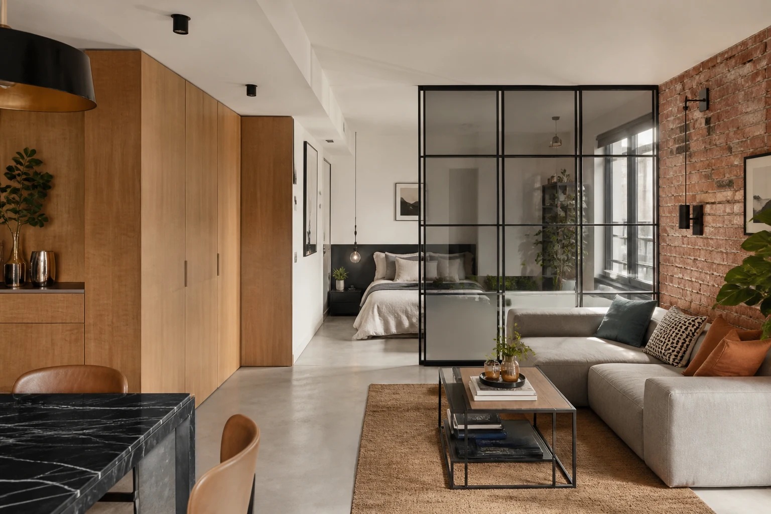 Petit appartement esprit loft avec verrière noire, mur de briques et rangements en bois