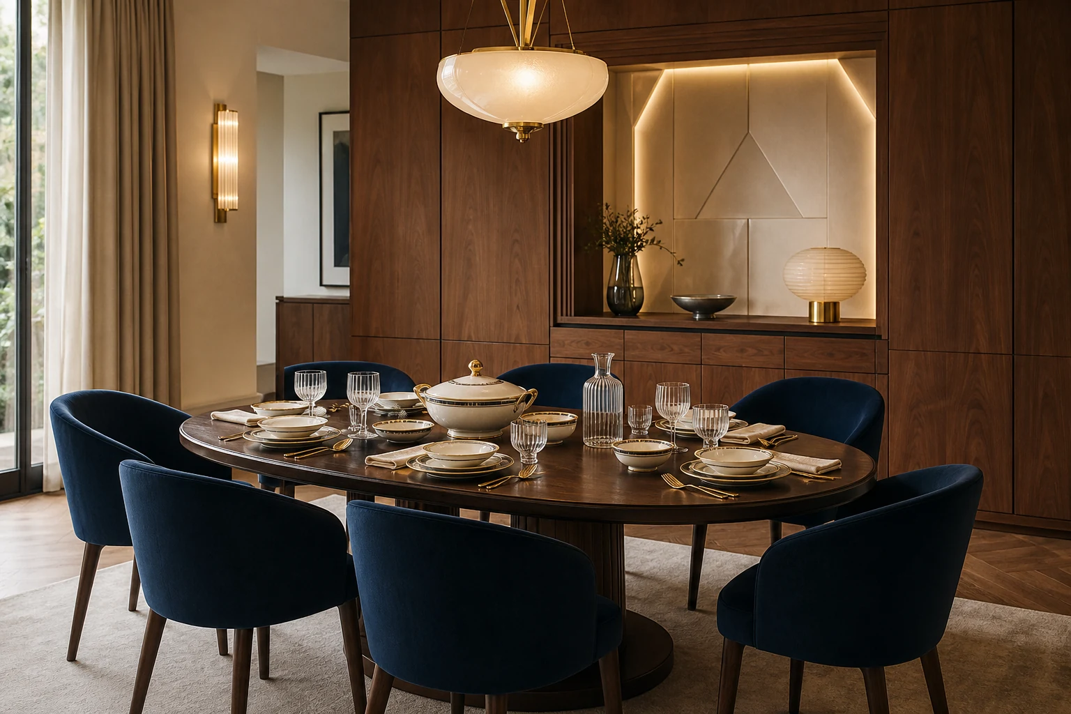 Salle à manger Art déco contemporaine avec service en porcelaine, verrerie, noyer et velours bleu nuit
