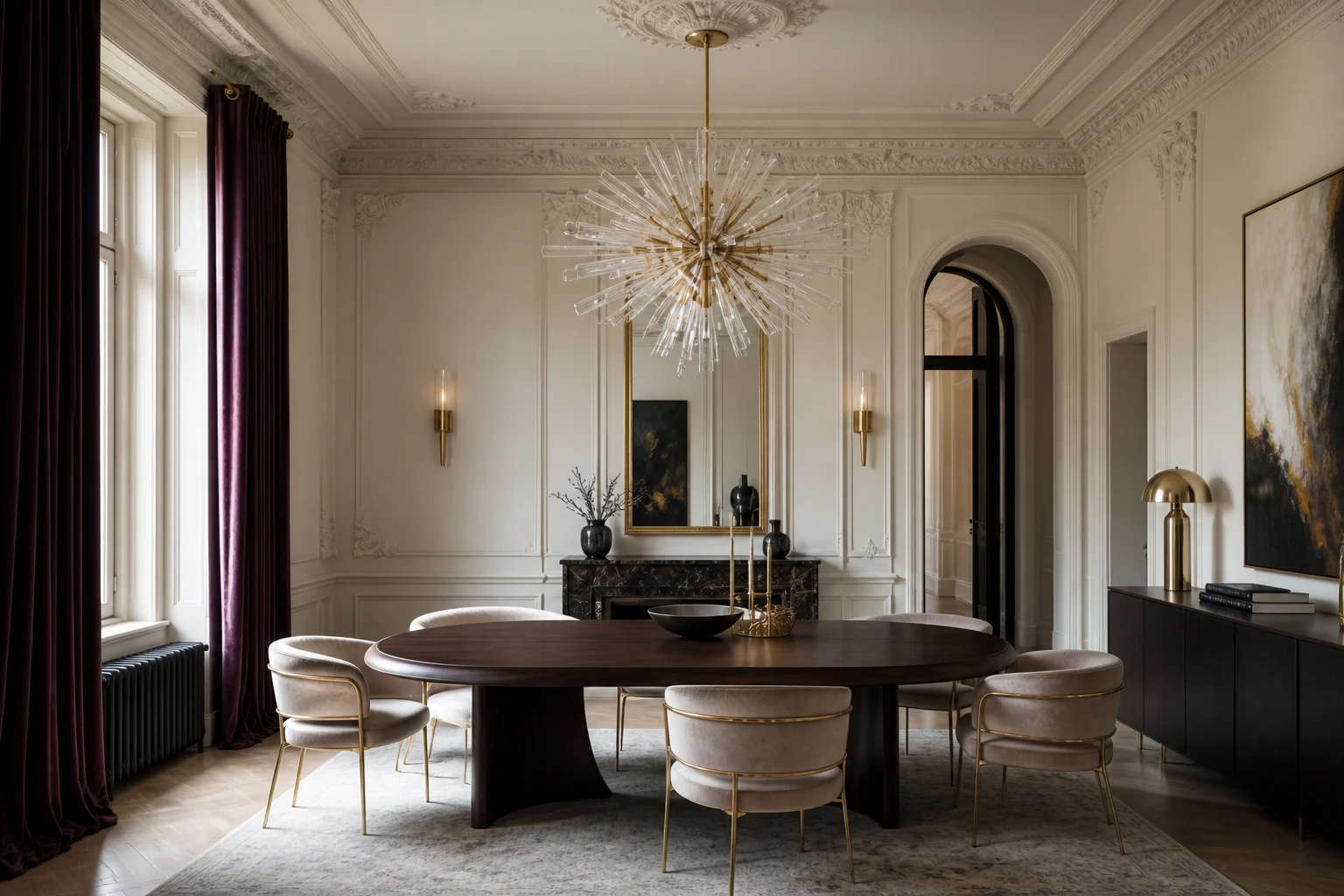 Salle à manger contemporaine inspirée du baroque avec velours prune et détails dorés