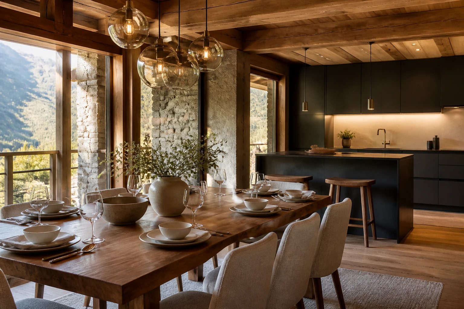 Salle à manger et cuisine de chalet contemporain en bois, pierre et métal noir